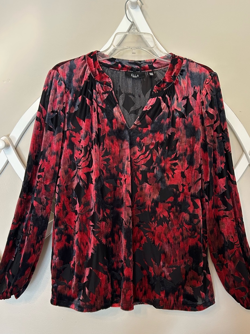 Rafaella Red and Black Floral-Print V-Neck Blouse